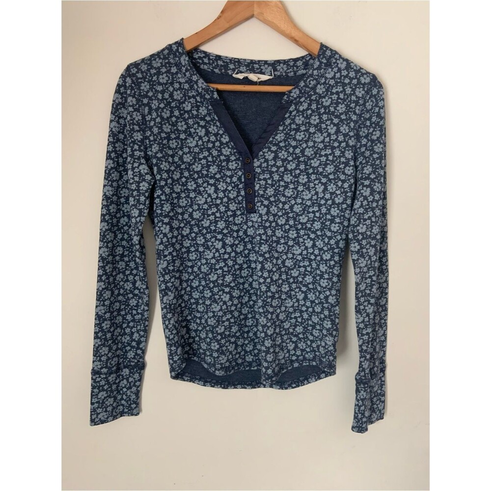 Lucky Brand Women Waffle Henley Blue Floral Long-Sleeve Henley Top S